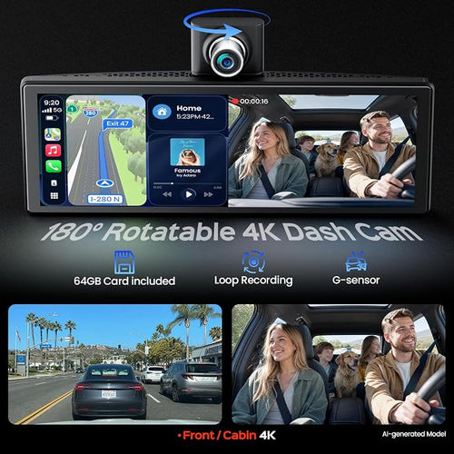10.26" Portable Apple CarPlay Screen for Car with Rotatable 4K Dash Cam, Wireless CarPlay & Android Auto Display with 1080P Backup Camera, 64GB Card Included, GPS Navigation, Voice Control