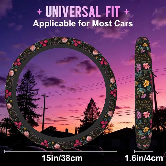 Vintage Dark Botanical Floral Steering Wheel Cover for Women Men Neoprene Breathable Wheel Cover Protector Anti-Slip Car Accessories Universal 15 Inch Fit for Cars Trucks Vehicles