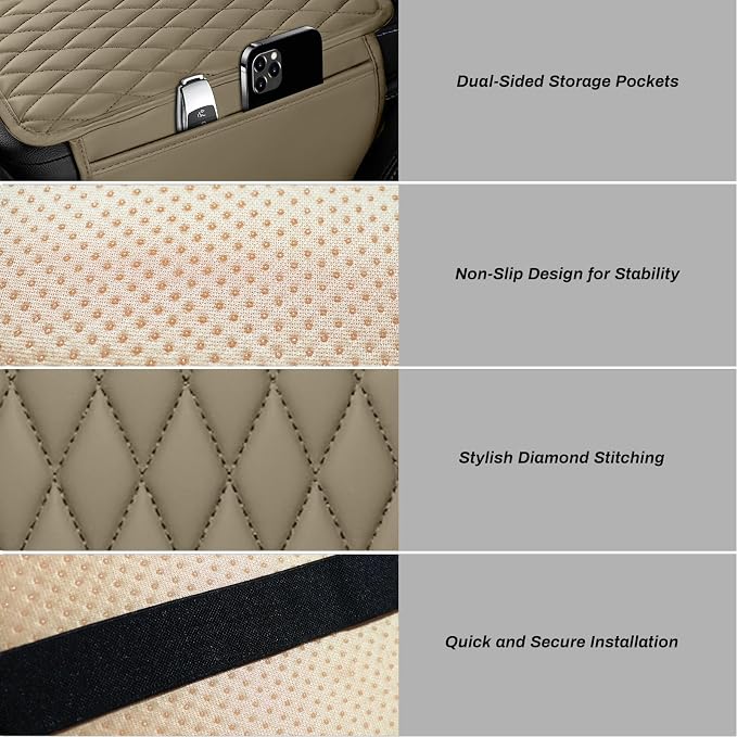 Car Center Console Cover Upgraded Microfiber Leather Car Arm Rest Cover with 2 Storage Bags Universal Armrest Cover for Car Storage Box Car Interior Accessories Protector for Most Vehicle-Beige
