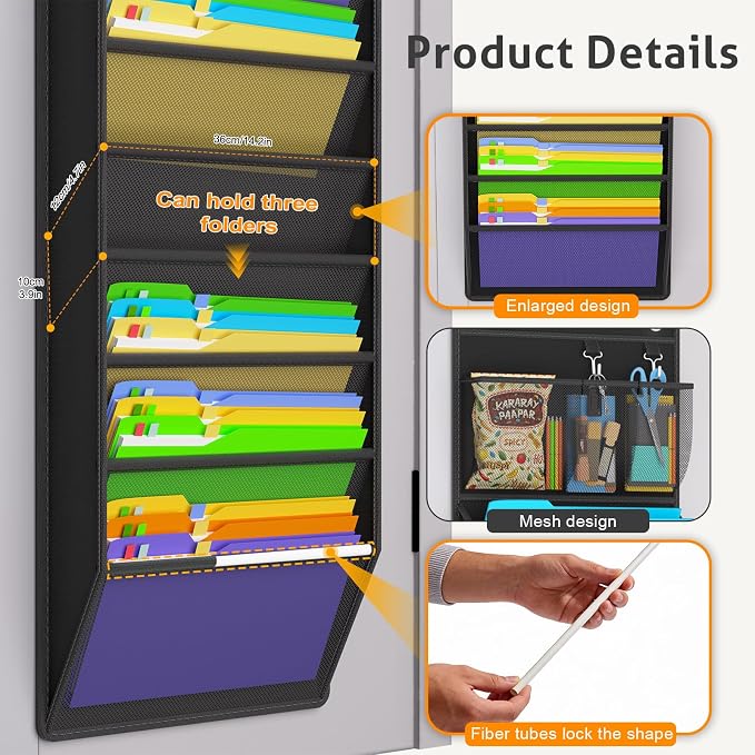 Wall Hanging File Organizer, Over the Door File Folders with 10 Large Pockets for Magazines, Mails, Office Chart Storage, Back to School Supplies, Paper Organization (Black)