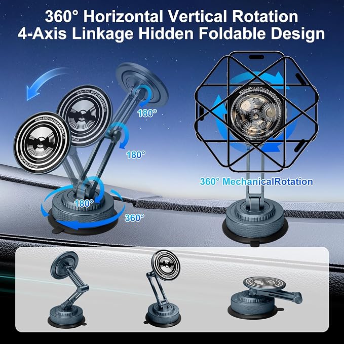 PIEPIE All-Metal Alloy Long Arm Magnetic Suction Cup Car Phone Mount Holder | Strong Powerful Magnetic Heavy-Duty Windshield Dash 360° Mechanical Rotation Cell Mobile Phone Vehicle Bracket for All Cars
