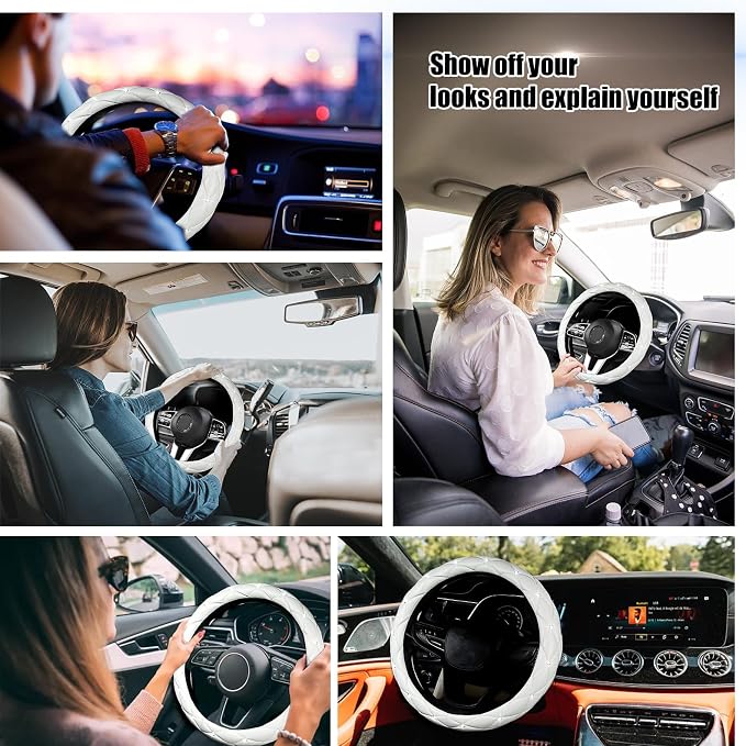 Steering Wheel Cover, Auto Cute PU Diamond Bling Breathable Soft Comfort Leather Car Interior Accessories Sparkly Fit Most O-Shaped Steering Wheels for Women Men (White)