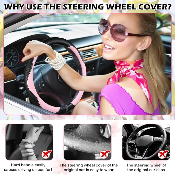 Pink Steering Wheel Cover, Non-Slip Breathable Comfort PU Imitation Leather Cute Car Accessories for Women Girl, Universal Protector in All Season 15 inch Fit Most Car