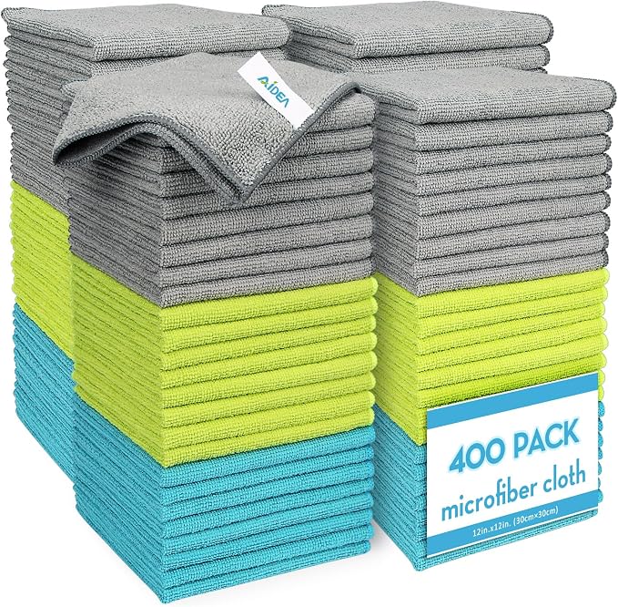 AIDEA Microfiber Cleaning Cloth-400PK, Soft Microfiber Towels for Cars, Absorbent Cleaning Rags, Lint-Free Streak-Free Wash Cloths for House, Kitchen, Window(12in.x12in)
