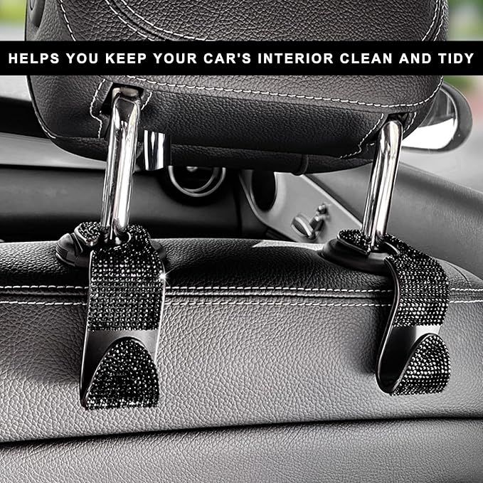 4 PCS Car Seat Headrest Hooks, Bling Crystal Rhinestone Back Seat Hanger Storage Organizer, Sparkly Seatback Holder Hooks for Purse and Bags Universal For Most Vehicles (Black)