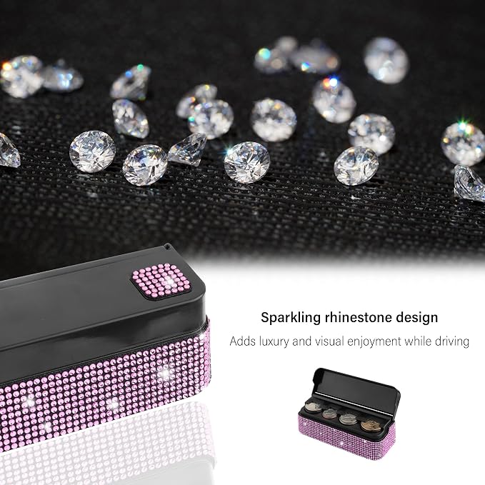 carleef Bling Coin Holder for Car,4 Compartment Car Organizers and Storage with Rhinestones Compatible with Quarter/Nickel/Pennies/Dimes,Universal Coin Organizer for Car Truck SUV (Pink)