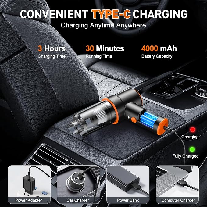 Handheld Car Vacuum Cleaner, 11000PA Vacuum Cleaner & Air Duster, 120W High Power Vacuum Portable Cordless, Hand Held Vacuum Rechargeable with Multi-Nozzles & LED Light for Home, Car, Office