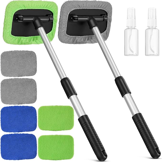 2 Sets Windshield Cleaner Tool Car Window Cleaning Wash Kit with Detachable Handle 6 Microfiber Pads and 2 Spray Bottles Inside Windshield Cleaner Tool for Auto Glass Cleaning