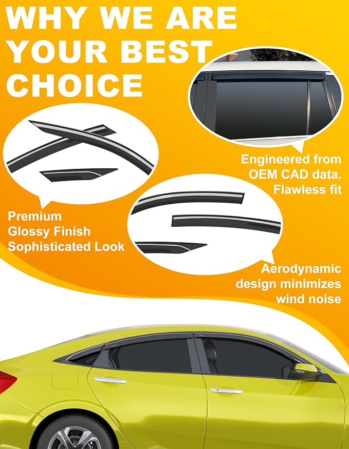 6-pcs Low-Profile Window Rain Guard for Honda Civic Sedan 4dr 2016-2021 Side Window Visors Extra-Thick Vent Visor LX Sport Touring EX-L Window Deflectors Vent Shades Car Accessories