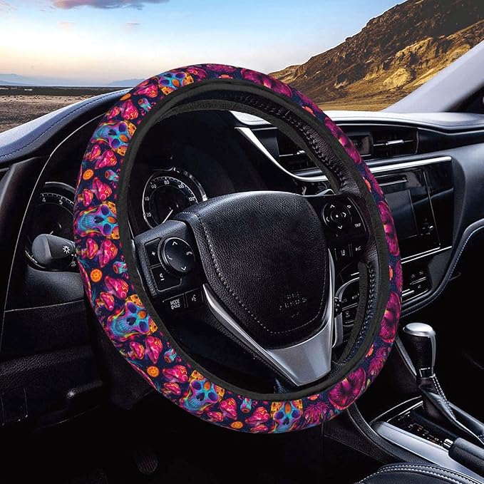 Neon Magic Mushrooms Skull Steering Wheel Covers Anti-Slip Elasticity Car Accessories Steering Wheel Protector Universal 15 Inch for Cars SUV Vehicle Truck