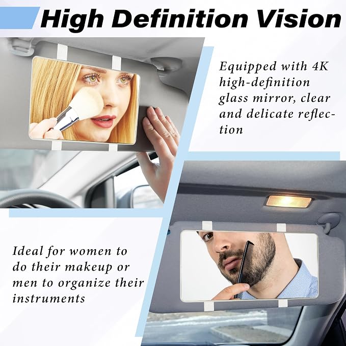 2 PCS Car Sun Visor Mirror, Cosmetic Makeup Mirrors with Straps, HD Car Interior Cosmetic Mirror, Car Accessories Universal Sun Visor Mirrors for Trucks, Cars, SUVs (White)