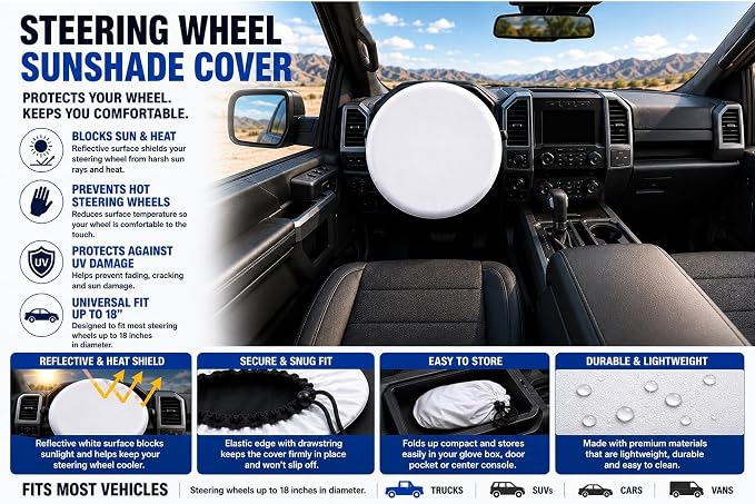 Steering Wheel Sunshade Cover, Anti-Heat Cooling Shield, Blocks Sun & Heat, Reflective White, Universal Fit for Most Cars (Up to 18")