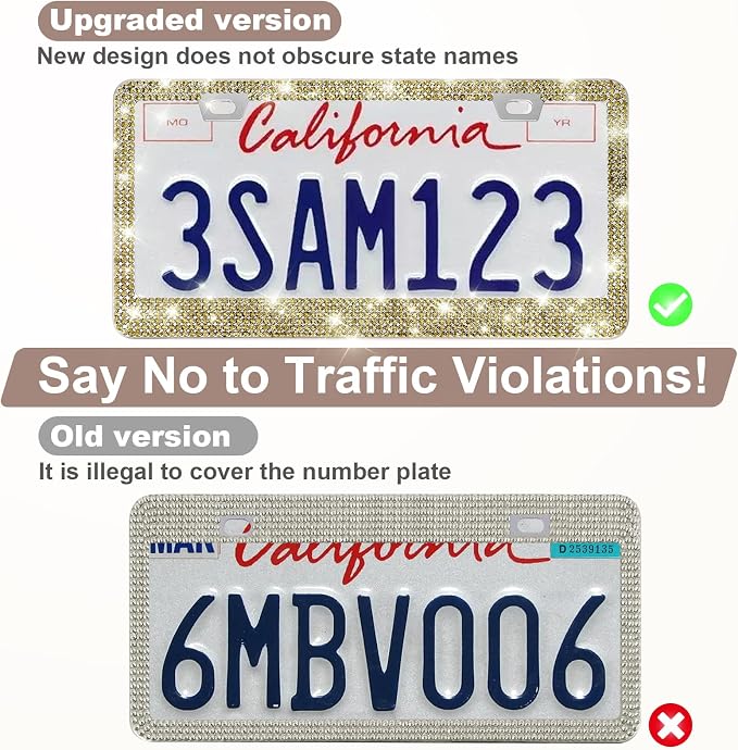 2 Pack Bling License Plate Frames for Women, Sparkly Rhinestone Diamond Car Accessories with Glitter Crystal Caps (Gold)
