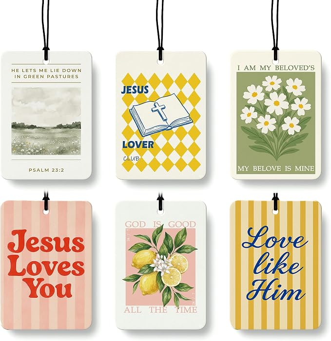 Christian Car Air Freshener 6 Pcs Coconut Scented, Daisy Floral Lemon Religious Bible Car Accessories Mirror Decor for Women, Christian Hanging Air Freshener for Cars Closet Drawer Books