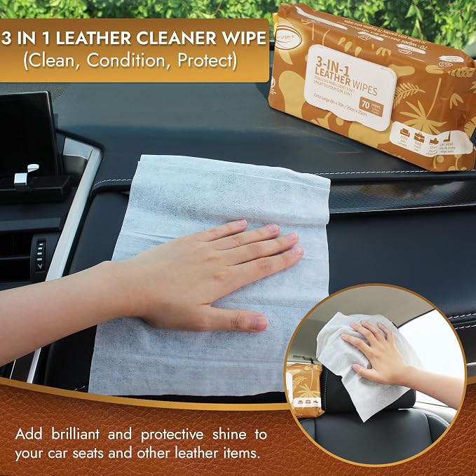 3in1 Leather Cleaner Wipes 70 Count, Extra Large 8" x 10" Size | Clean Condition Protect Wipes for Vinyl and Leather Apparel Furniture Auto Car Interior Shoes Boots Bags