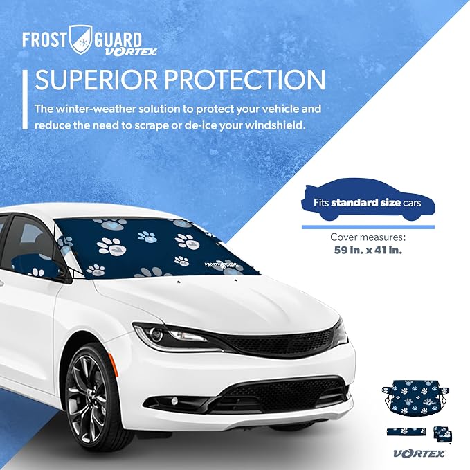 Vortex | Full-Coverage Car Windshield Cover for Ice and Snow, Standard Size (Puppy Paws) - Wiper Blade + Side Mirror Covers - Fit-Fast Straps, Security Panels + Storage Pouch - 59x41 Inches