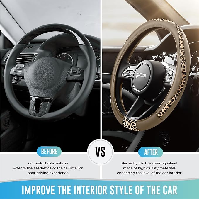 Steering Wheel Cover - Made with PVC Leather and Leopard Fabric - Universal 14 1/2 inches to 15 inches for Most Automotive Steering Wheel - Cheetah Print -Beige