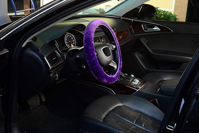 Purple Elastic Fuzzy Steering Wheel Cover, Microfiber Plush Steering Wheel Cover for Woman Girl,Winter Warm, Universal 15 inch
