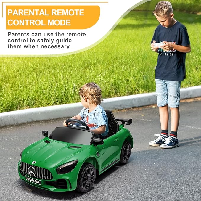 12V Ride on Car, Licensed Mercedes Benz AMG GTR Battery Powered Electric Vehicle, w/Parent Remote, Wider Seat, LED Lights, Openable Doors, MP3 Player, Smooth Start, 3 Speeds - Green