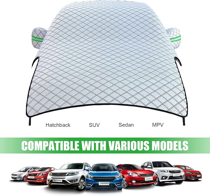 Half Car Cover, Winter Anti-freeze Snow Shield for Windshield Hood Rearview Mirror, Thicken Foldable Outdoor Protector with Fastening Strap, All-season Reflector Cloth for Cars (Silver)