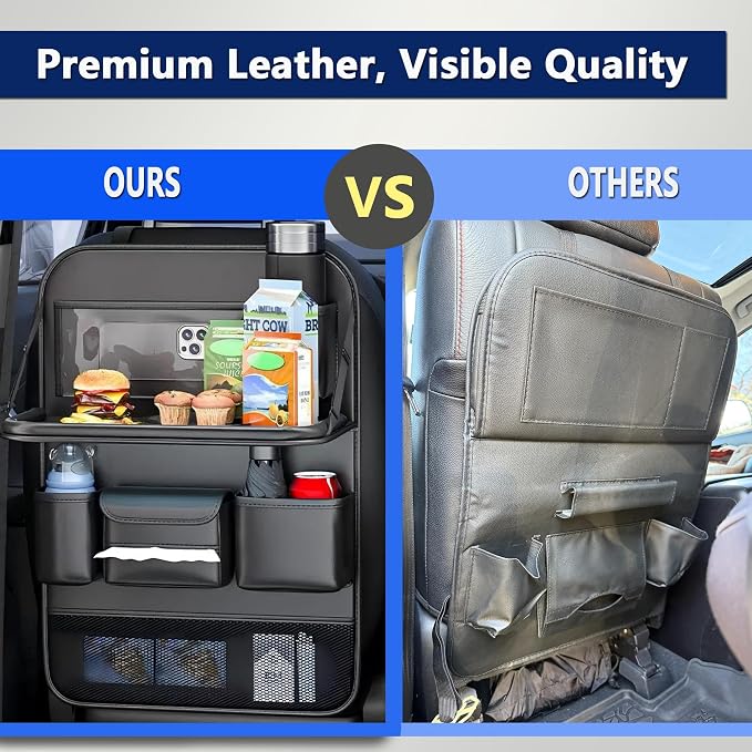 2-Pack Backseat Car Organizer with Tray – 21"x17" Premium PU Leather Kick Mats with Tray, Hanging Car Seat Back Protector & Storage for Tablet, Snacks, Diapers – Universal Fit for SUV, Truck (Black)