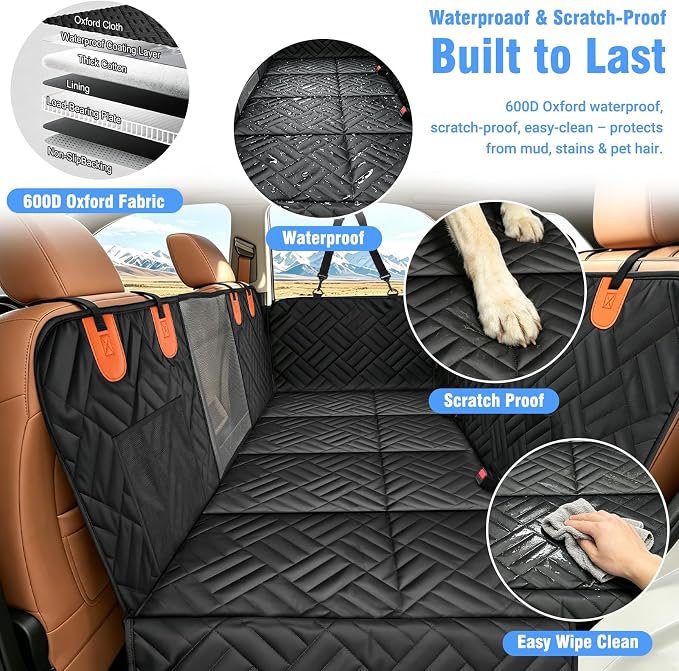 Megadream Dog Car Seat Cover Hard Bottom Back Seat Extender for Dogs 260LBS | Waterproof Scratch Resistant Rear Seat Pet Hammock with Mesh Window, Universal Fit for Sedan SUV Pickup Truck
