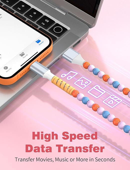 USB A to USB C Cable 3FT,Beaded Charger Cord for iPhone 17 16 Pro Max 17e 15 Car play,Type C Cute Car Charger Cord for iPad 10 11th A16/Samsung S26 S25 S24 S23 FE/Android Phone Girl Women,Blue-Orange