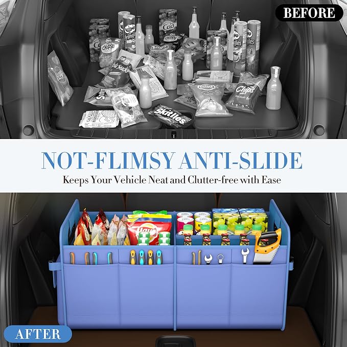 Trunk Organizer For Suv & Sedan,Car Organizers and Storage, Waterproof Collapsible & Adjustable Straps,75L Sturdy Car Organization for Car Accessories, Tools,Sundries,2-3 Compartment（Blue）