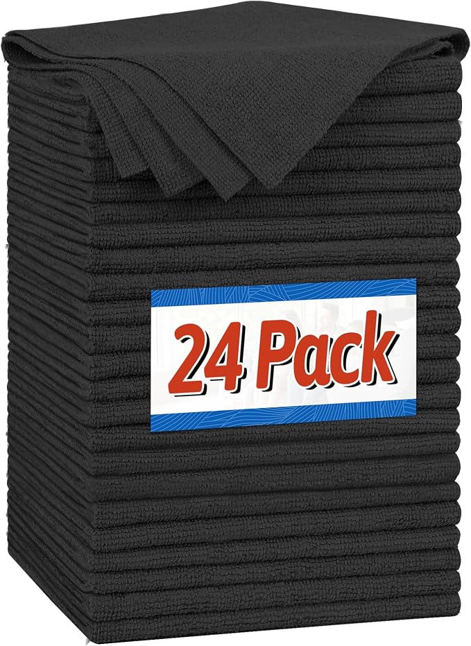 Microfiber Cleaning Cloth, Shop Towels Bulk, 24 Pack Black Microfiber Towels for Cars, All-Purpose Absorbent Cleaning Rags, Dust Cloth for Automotive, Mechanic, Garage, Bar, 12 x 11 inch