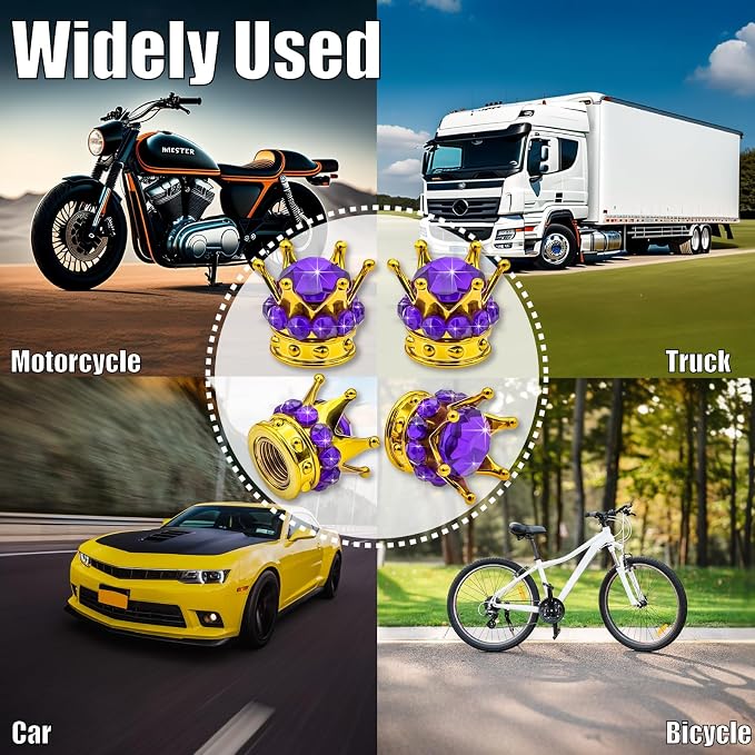 4PCS Crown Bling Tire Stem Valve Caps, Crystal Diamond Car Wheel Tire Valve Caps Universal Copper Core Stem Covers for Cars, SUV, Trucks, Bikes, Motorcycles, Bicycles (Gold & Purple)