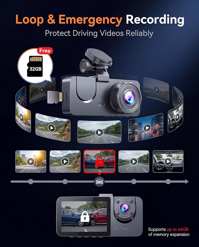 Dash Cam Front and Rear Inside, 4K Full HD 3 Channel Dash Camera for Cars, Free 32GB Card, Dashcam with 24H Parking Mode, Night Vision, G-Sensor, 170°Wide Angle, Loop Recording