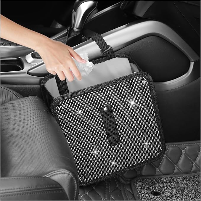 Bling Car Trash Can with Rhinestone,Foldable Car Garbage Can for in-Vehicle Waste Disposal,Multipurpose Hanging Back Seat Organizer & Decorations Fit for Most Cars Trucks