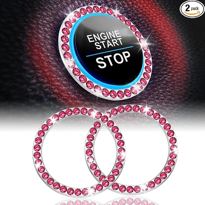 2 PCS Crystal Rhinestone Car Engine Start Stop Decoration Ring, Bling Car Interior Accessories for Women, Push to Start Button Cover Sticker, Automotive Decals, Red