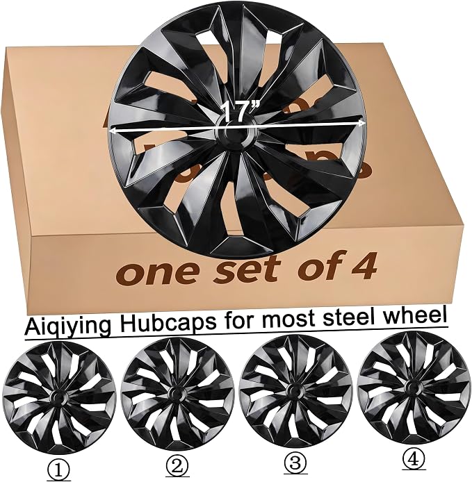 Hubcap Wheel Cover Replacement R17 Hub Caps Universal-Fit Steel Wheel Rim Cover ABS Material Exterior Accessories for Most Car Truck SUV -Set of 4（17-inch，Black）