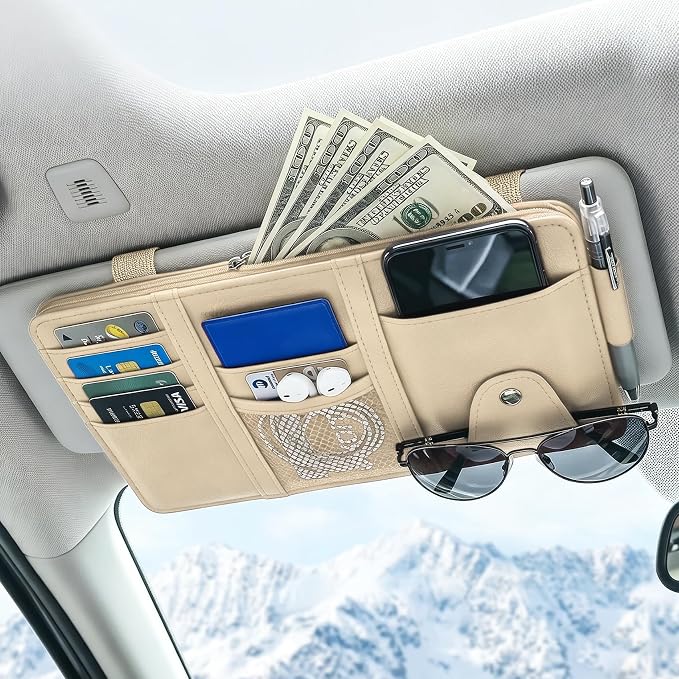 Car Sun Visor Organizer, Truck Visor Organizer, Leather Multi-Pocket Auto Visor Storage Pocket Pouch Holder with Zipper, Auto Accessories Storage Bag for Driving License Card Pen (Beige)