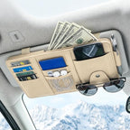 Car Sun Visor Organizer, Truck Visor Organizer, Leather Multi-Pocket Auto Visor Storage Pocket Pouch Holder with Zipper, Auto Accessories Storage Bag for Driving License Card Pen (Beige)
