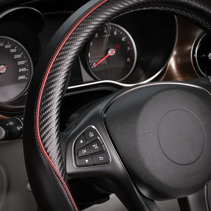 Car Steering Wheel Cover Universal Standard Size 14 1/2"-15" Leather with Carbon Fiber Pattern Black and Red