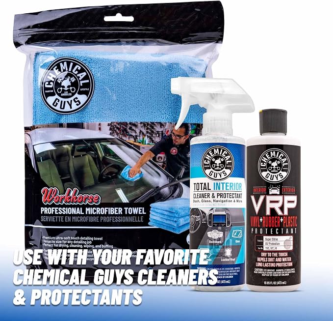 Workhorse Professional Microfiber Towels, Blue - 6 Pack Ultra-Soft Blend Detailing Towels for Wax, Glaze, Interior, Glass & All-Purpose Cleaning 16" x 16"