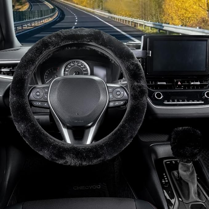 Furry Car Steering Wheel Cover with Fluffy Gear Shift Cover Soft Warm Non-Slip Car Decoration for Men Women Girls 2 PCS Set, Black