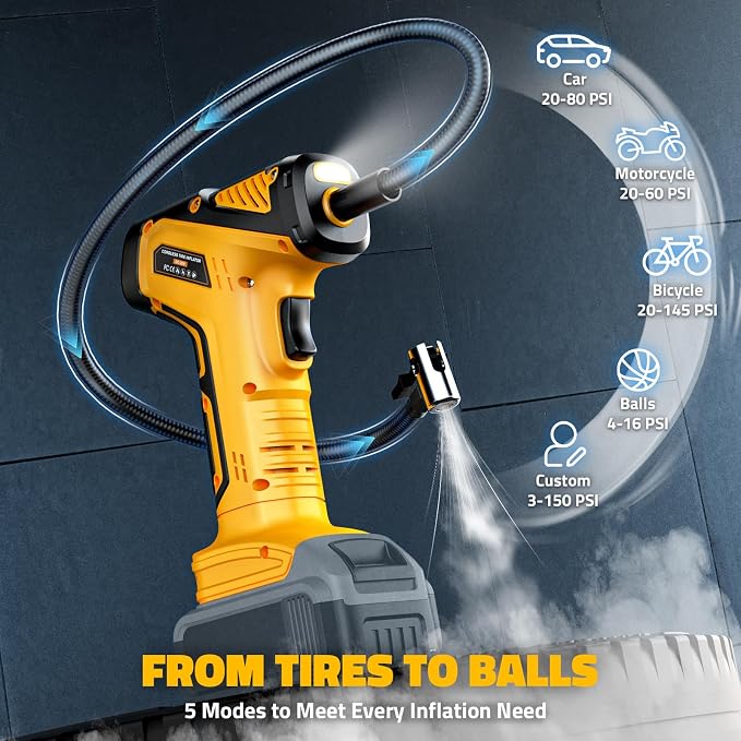 150PSI Tire Inflator Portable Air Compressor: Cordless Air Pump Compatible with Dewalt 20V Battery - Car Tire Pump with Digital Pressure Gauge & LED Light for Auto, Motorcycles (Tool Only)