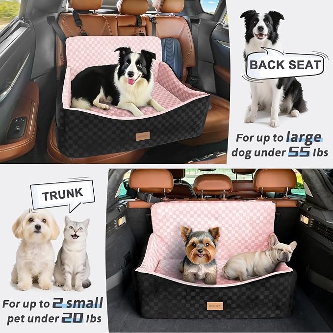 Dog Car Seat for Medium/Large Dogs - Reversible Dual-Sided Travel Dog Car Bed with Memory Foam, Washable Pet Booster Seat for Dogs up to 55 lbs or 2 Small Dogs, 2 Safety Leashes, Pink