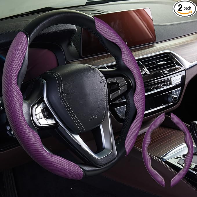 2pcs Car Steering Wheel Cover,Anti-Skid Carbon Fiber Steering Wheel Protector for Men Women,Multiple Color Options,Universal for Most Car Interiors Accessories (NewPurple)