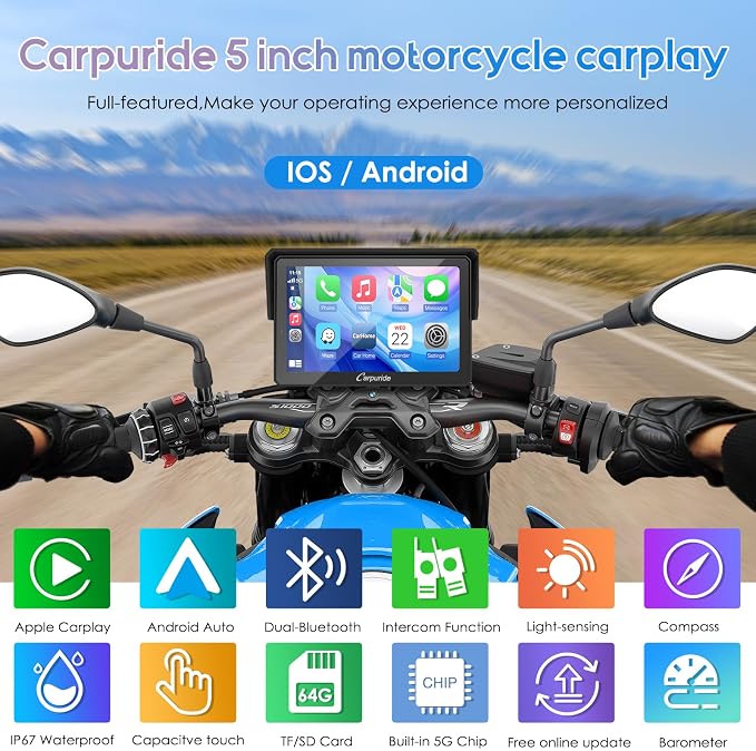 Carpuride W502B Pro for B.M W Motorcycle CarPlay & Android Auto & Dual Bluetooth, 5" Waterproof GPS Navigation Screen for Motorbike, Music Sharing, Intercom, EQ, Light Sensor, Compass, Barometer