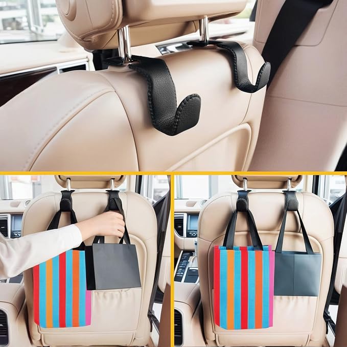 Headrest Hooks for Purses and Bags, 2 Pack Car Seat Hooks for Grocery Bag Handbag, Metal Car Purse Holder Covered by Leather, Black