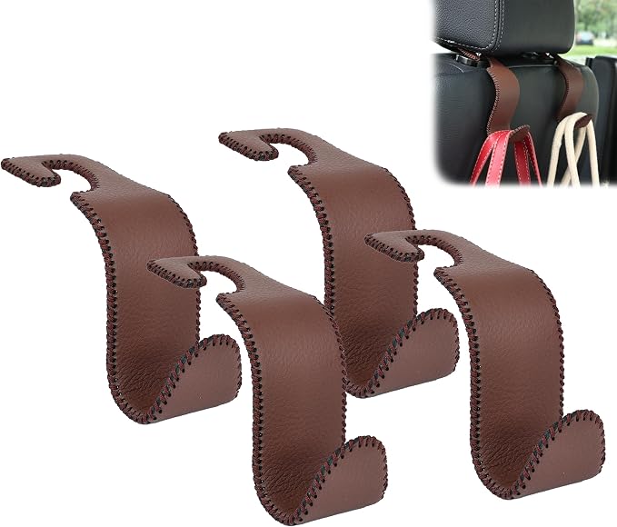 Car Seat Headrest Hook Universal Vehicle Storage Hanger Leather with Metal Car Seat Back Organizer for Handbag Purse Coat Brown 4 Pack