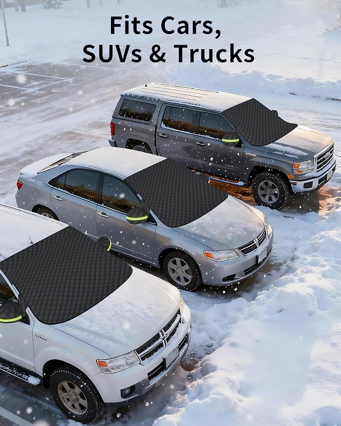 Snow Cover for Car Windshield, Snow Brush and Ice Scraper, Winter Front Window, Protects from Ice Snow Sun, Durable Car Hood Cover, Easy Install Automotive Exterior Accessories (B-Snow Cover-L-Kit)