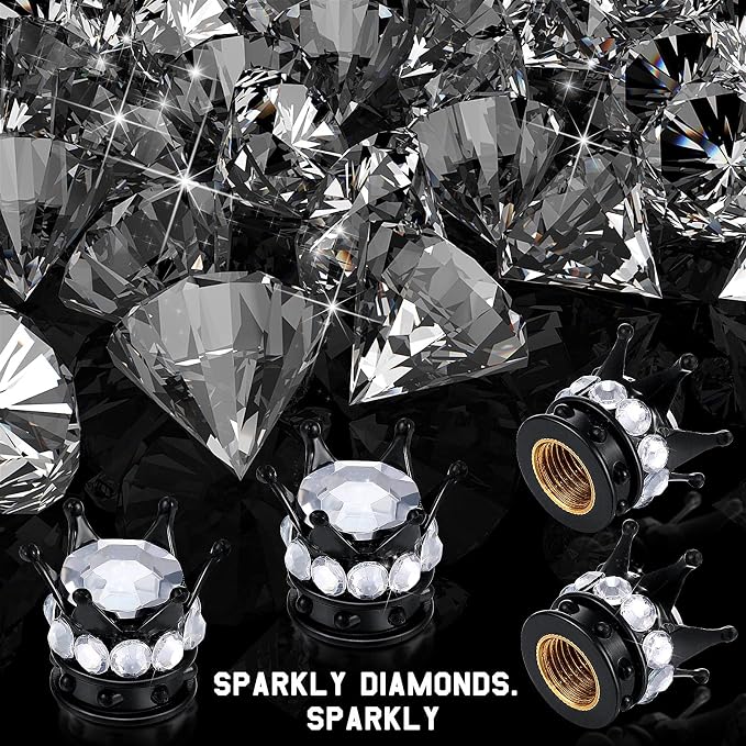 4 Pieces Crown Tire Valve Stem Caps Bling Handmade Crystal Rhinestone Universal Chrome Crown Vehicle Car Tire Caps Covers, Attractive Accessories for Car (White and Black)