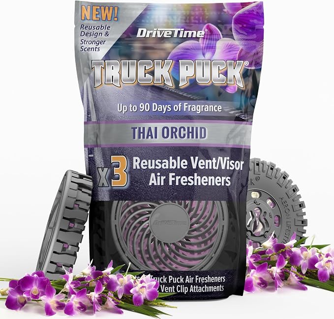 Truck Puck Thai Orchid Fragrancee Car Air Freshener – Long-Lasting Car Deodorizer, Refillable Vent & Visor Clip Auto Air Freshener for Car, Truck & SUV, Premium Fragrance, Pack of 3