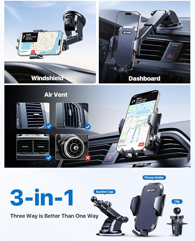 Car Phone Holder Mount (Strong Suction&Bumpy Road Stable) Phone Holders for Your Car, Cell Phone Car Mount for Windshield Dash Vent Truck Cradle Stand for iPhone 17 16 15 14 Pro Max, Blue