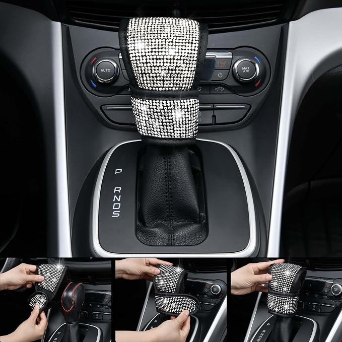 11 PCS Bling Diamond Car Accessories for Women, Sparkly Rhinestone Steering Wheel Cover, Bling Seat Belt Cushion, Glitter Shift Knob Cover, Car Cup Holder Coaster, Cute Interior Sets Silver